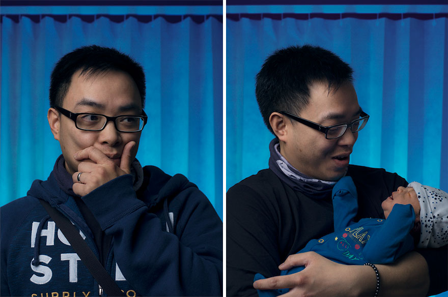 Man before and after becoming a father, shown in a split image holding newborn with a blue background.
