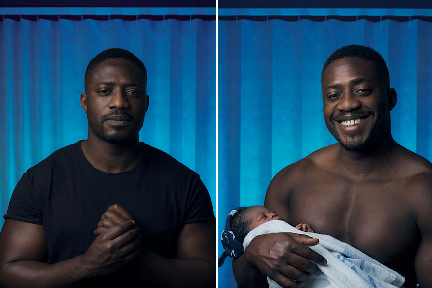 Before and after fatherhood photos of a man showing the emotional transformation captured by a photographer.