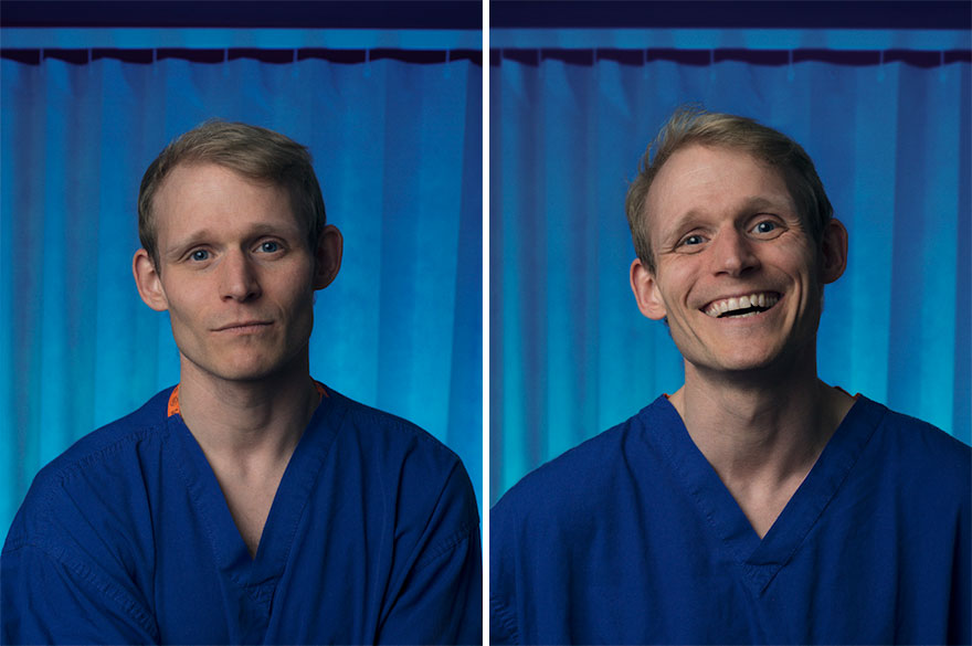 Portraits of a man before and after becoming a father, captured by a photographer showing emotional transformation.