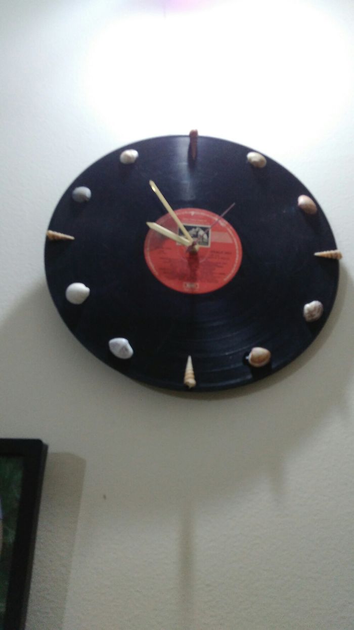 Wall Clock Using Old Record And Sea Shells