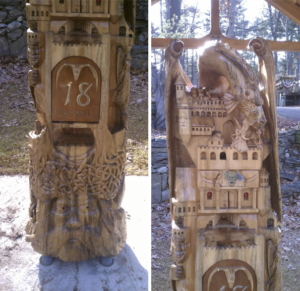 My Neighbour Does Wood Carving As A Hobby. Here's His Mailbox