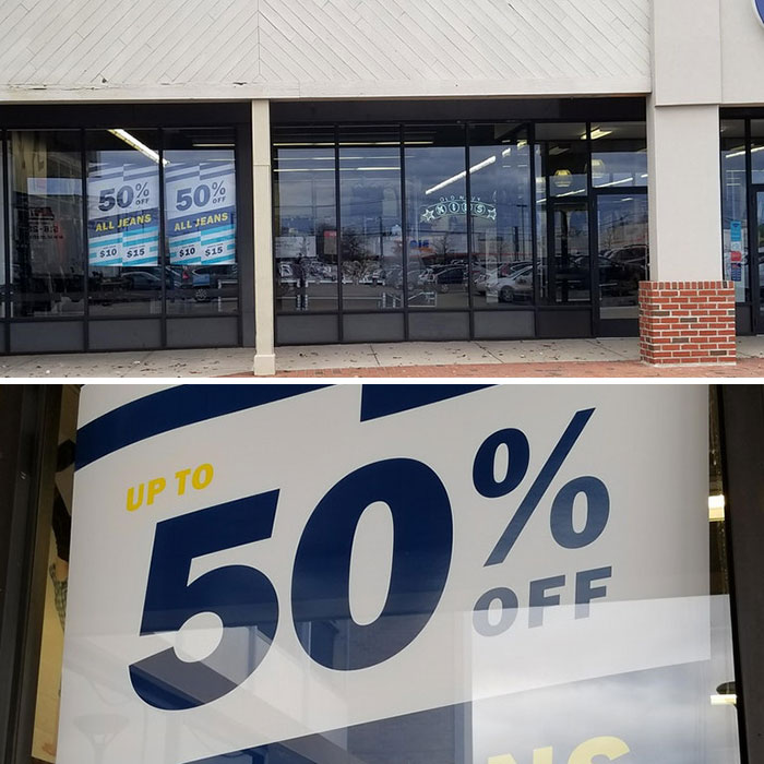 The Color Of "Up To" Makes It Almost Impossible To See From A Distance, Especially With Glare. Thanks, Old Navy