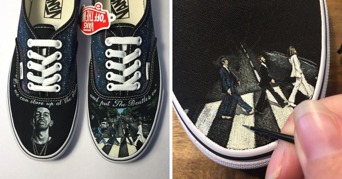I Created A Visual Collaboration Of Musical Artists Drake & The Beatles On Custom Handpainted Vans