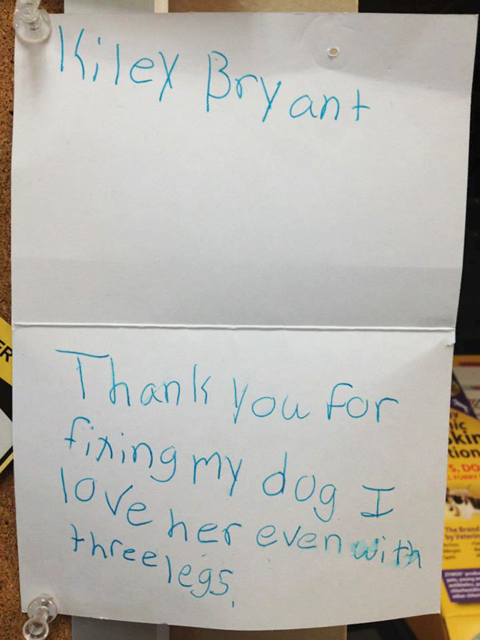 A Dog Hit By A Car Was Brought Into The Clinic. We Had To Amputate His Leg. The Owners Granddaughter Wrote Us This Note. This Is Why We Do What We Do