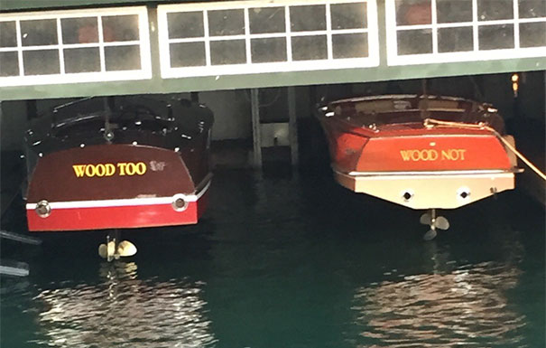 Two funny named boats under the road 