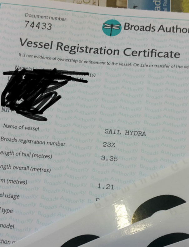 Certificate of boats registration 