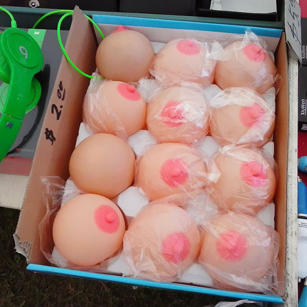 Flea Market Fun. At One Booth That Sells Pokemon Cards, Knockoff Lego Mini-Figures, Fake Frozen Dolls, And Other Cheap Chinese Stuff, They Had These Boobs. My Niece Was Very Amused