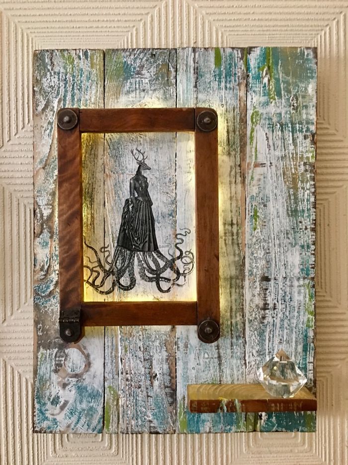 Made This From A Pallet From The Local Bakery And A Vintage Tennis Racket Holder .