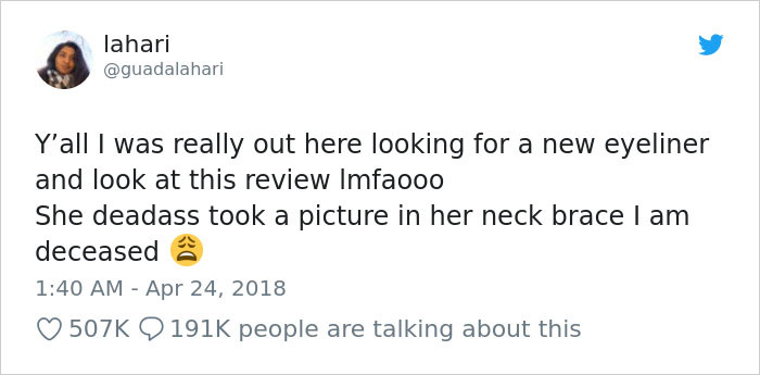 Tweet about viral eyeliner review after car accident, showing user impressed with durability. Tweet about viral eyeliner review after car accident, showing user impressed with durability.
