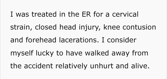 Text about ER treatment after a car accident, highlighting survival. Text about ER treatment after a car accident, highlighting survival.