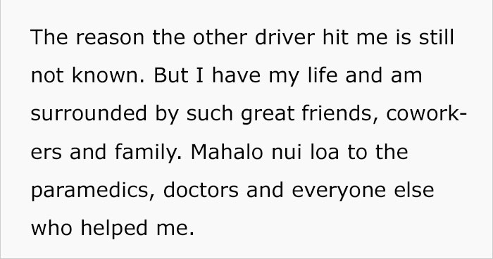Text message from a woman expressing gratitude to friends and medical professionals after a car accident. Text message from a woman expressing gratitude to friends and medical professionals after a car accident.