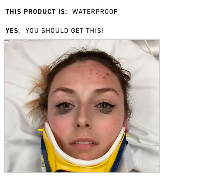 Woman in a neck brace praises eyeliner durability; text highlights waterproof quality.
