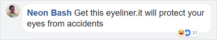 Comment about eyeliner endurance through car accident, emphasizing its protective quality.