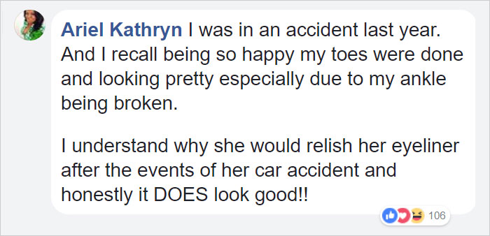 Social media post discussing eyeliner's durability during a car accident. Social media post discussing eyeliner's durability during a car accident.