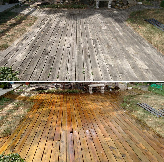Wood Decking Patio Power Washing. The Wood Was Completely Covered In Mold, Mildew And Dirt