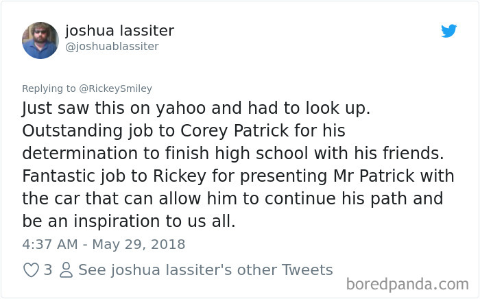 Twitter joshuablassiter user reacting to Corey's story