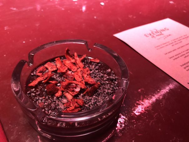 Chocolate Pudding Served In An Ashtray With Sesame 'Ash'