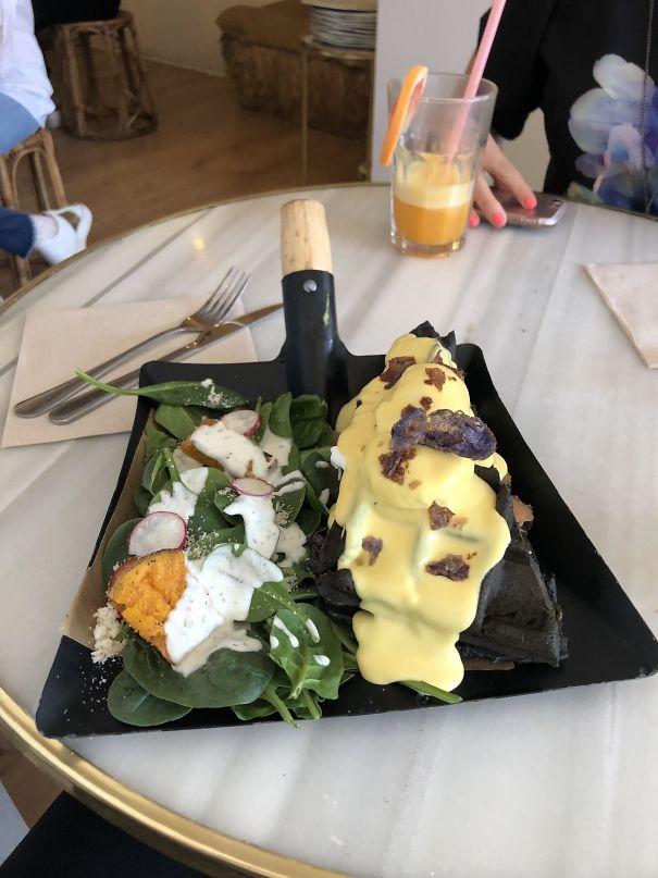 Breakfast On A Shovel (Eggs Benedict, Hollandaise, Spinach And Some Sort Of Waffle)