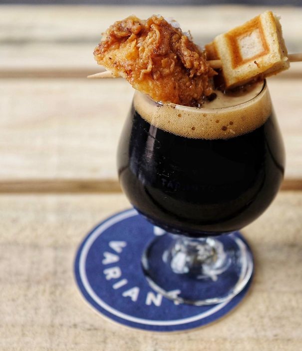 "Chicken And Waffles" Served On A Beer...