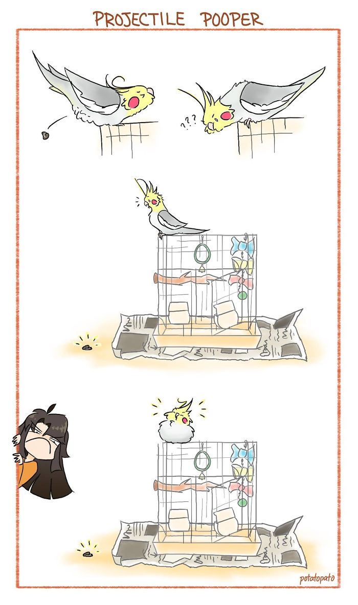 Comic of a pet bird playfully pooping outside its cage, drawn by artist in a positive and lighthearted style.