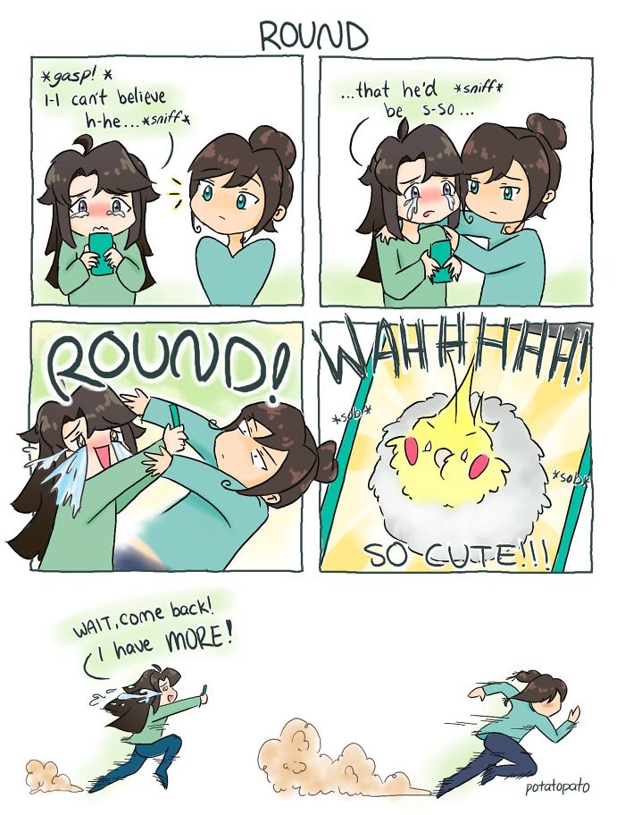 Comic artist drawing positive, emotional scenes featuring her adorable pet bird in a heartwarming and playful style.