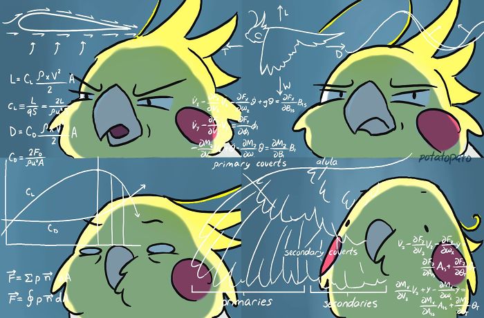 Illustration of a pet bird in comic style with scientific sketches and formulas, showcasing positive artistic creativity.