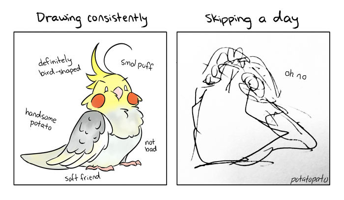 Comic panels featuring a pet bird drawn consistently versus a rough sketch after skipping a day with positive comic art style.