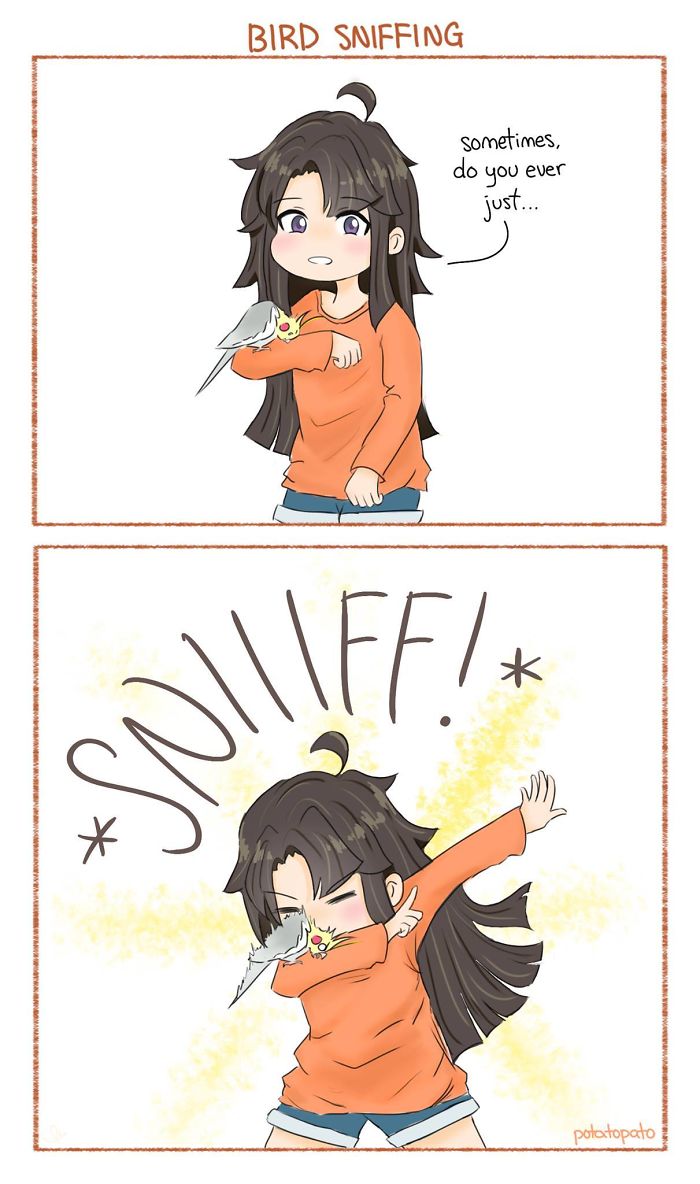 Comic of artist drawing a positive moment with her pet bird sniffing her arm and spreading cheerful vibes.