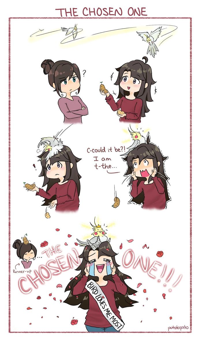 Comic of an artist and her pet bird in a positive, heartwarming moment celebrating their special bond.