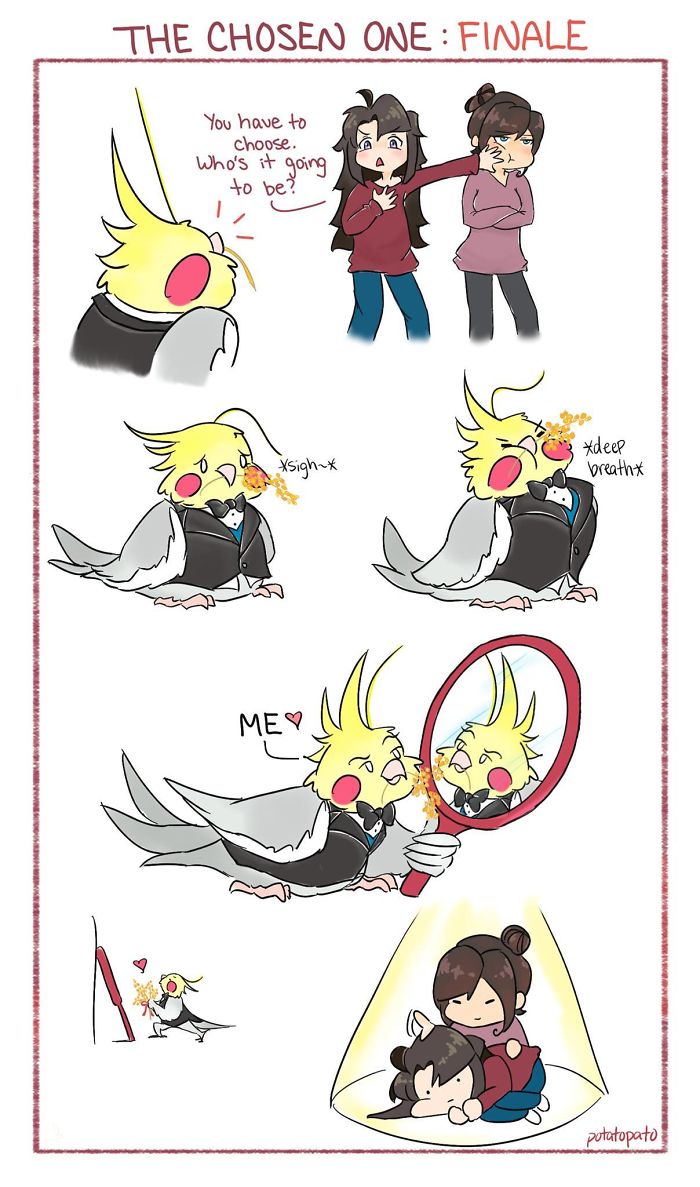 Comic of a positive pet bird in a tuxedo choosing self-love while a smiling artist watches affectionately.