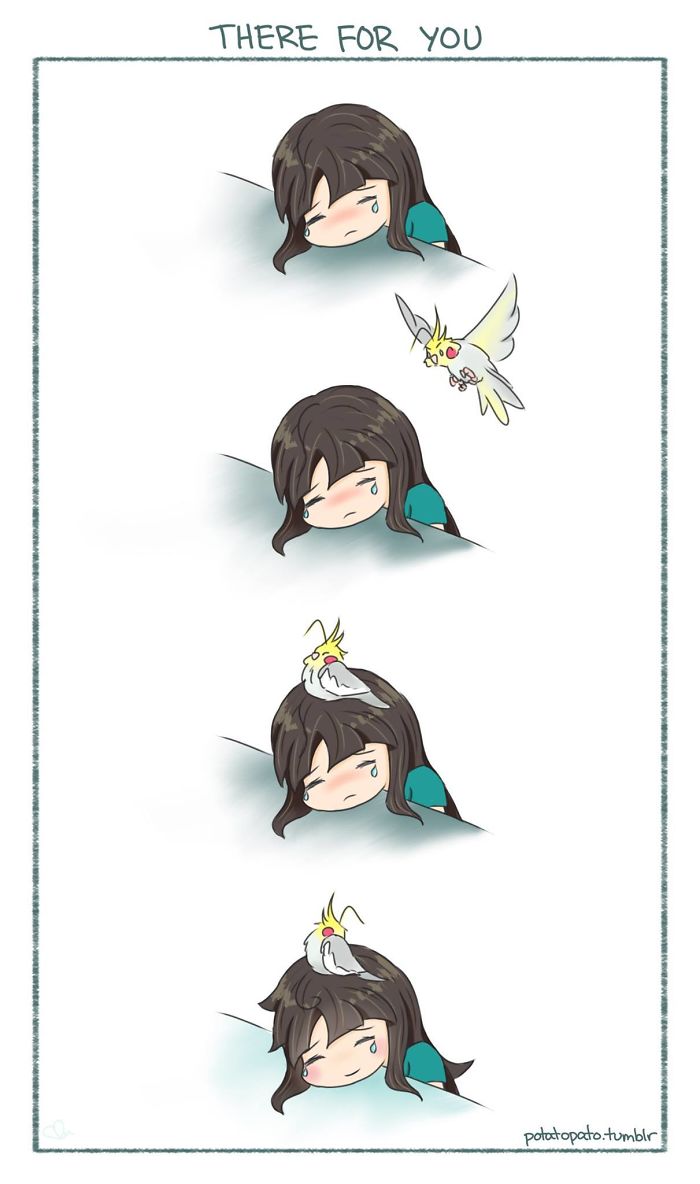 Comic panel of artist drawing her pet bird comforting her when she feels sad, showcasing positive pet bird moments.