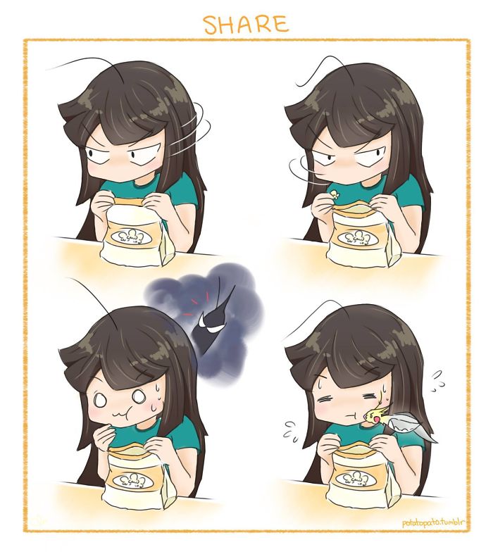 Comic panels showing an artist drawing about her pet bird, depicting a humorous and positive interaction with snacks.