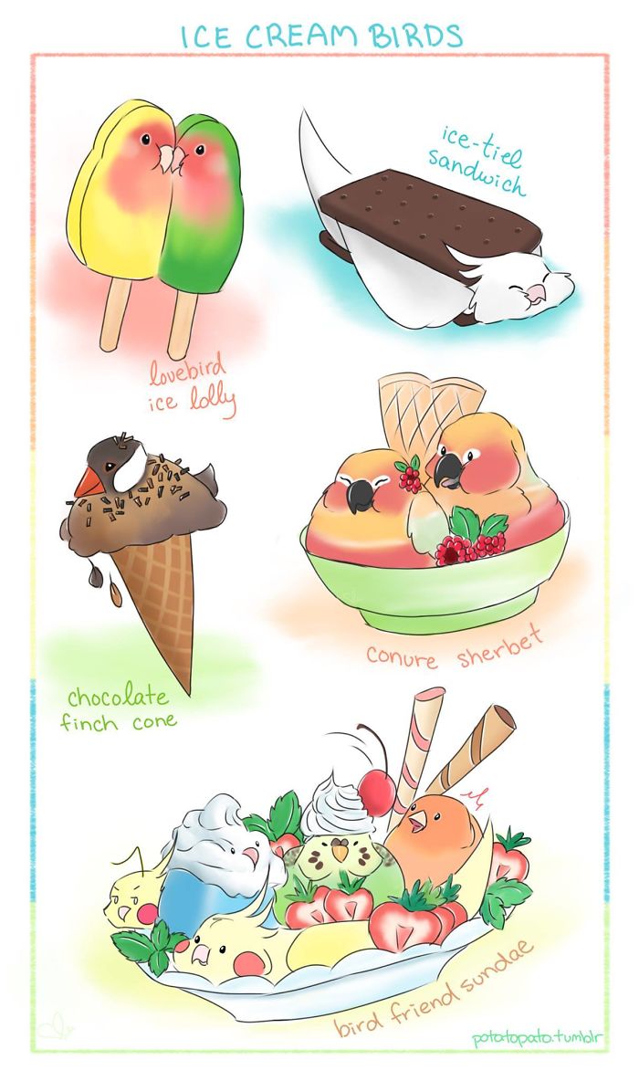 Cute artist draws comics featuring colorful pet birds as playful ice cream and dessert treats in a positive, cheerful style.