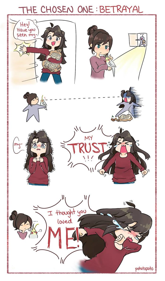 Comic by artist about her pet bird showing betrayal and trust issues in a humorous, positive illustration style.