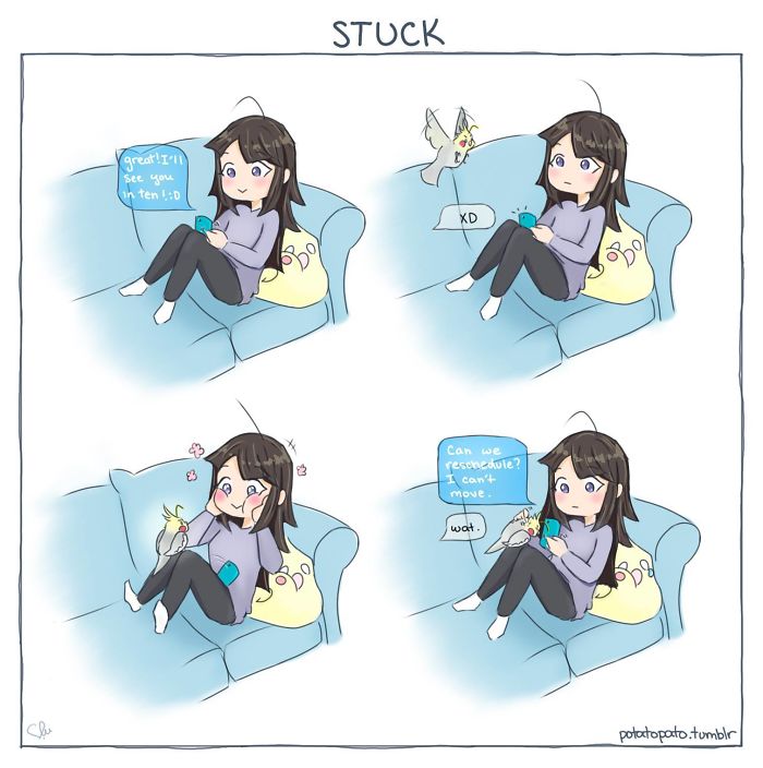 Comic panel showing an artist drawing comics about her pet bird in cute, positive moments while sitting on a couch.