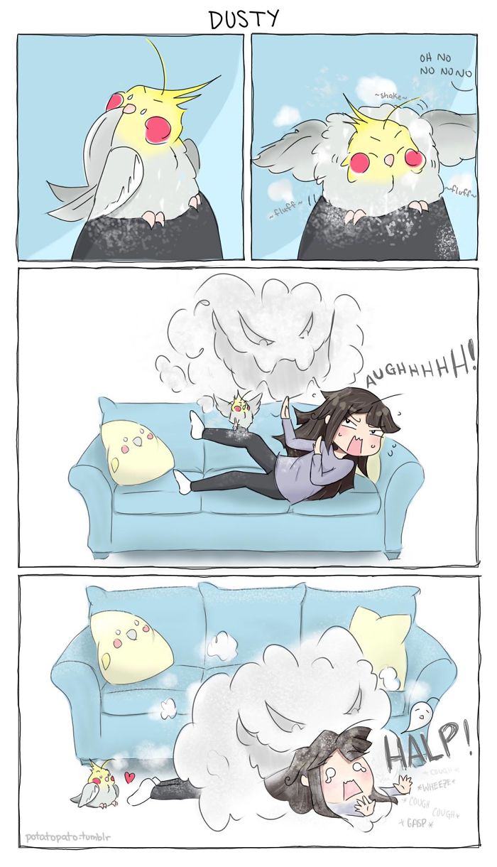 Comic of artist and her pet bird surrounded by fluffy dust clouds, showing positive and humorous interaction on a couch.