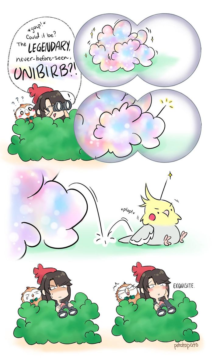 Comic panels showing an artist drawing positive comics about her pet bird, featuring colorful clouds and a cute bird.