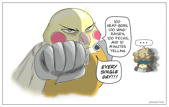 Comic illustration of a pet bird with a determined expression and a speech bubble showing positive daily habits.