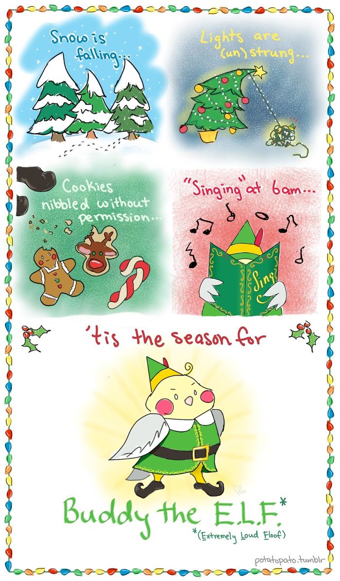 Comic panels showing a pet bird as Buddy the ELF in festive scenes with snow, cookies, and singing, featuring positive pet bird comics.
