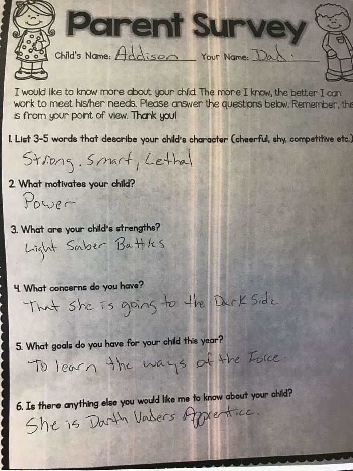 My Brother Received A Parent Survey For His Daughter Who Just Started Kindergarten