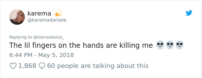 Tweet by karema commenting humorously about tiny fingers in a sketch, highlighting amazed reactions.