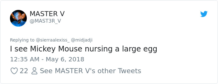 Tweet by MASTER V about a humorous interpretation of a sketch, mentioning Mickey Mouse with a large egg.
