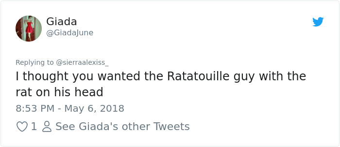 Tweet about a tattoo misunderstanding related to a "Ratatouille" character request. Tweet about a tattoo misunderstanding related to a "Ratatouille" character request.