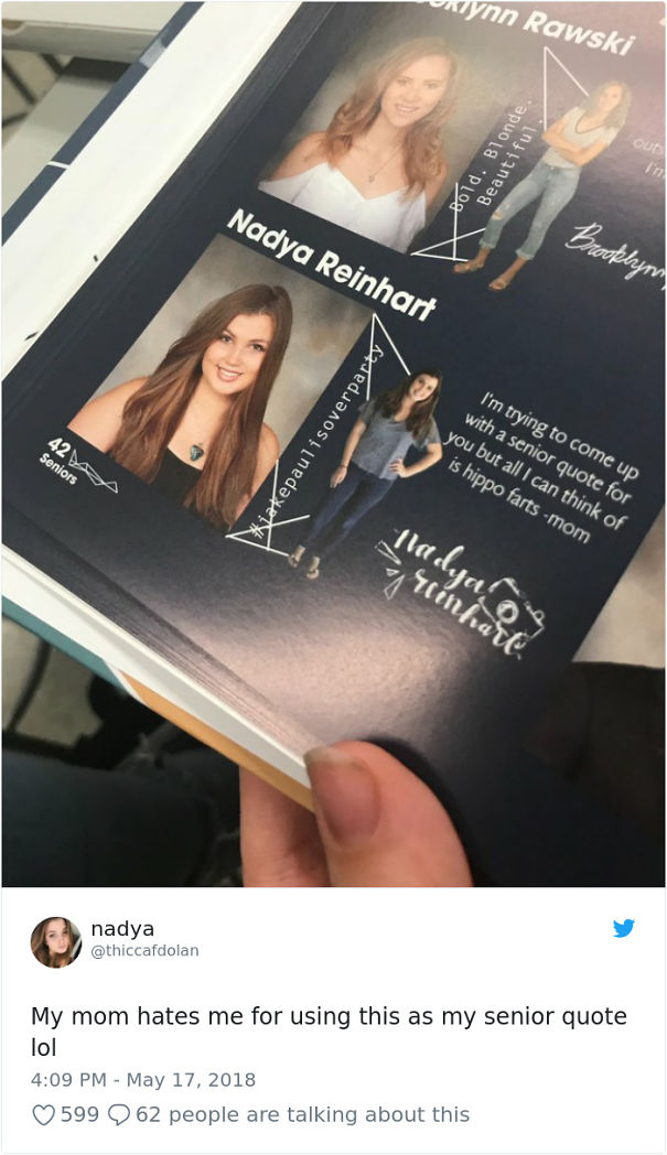 "Ich Versuche Mir Einen Jahrbuchspruch Zu Überlegen Aber Alles Was In Meinem Kopf Ist Sind Nilpferd Furze" - Mama 