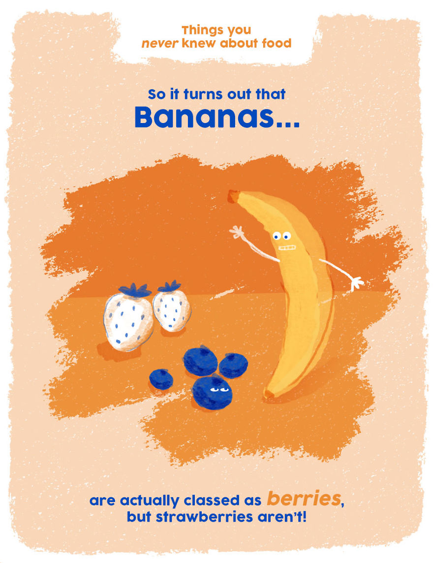 Illustration explaining weird food facts about bananas being berries while strawberries are not, with cartoon fruits.