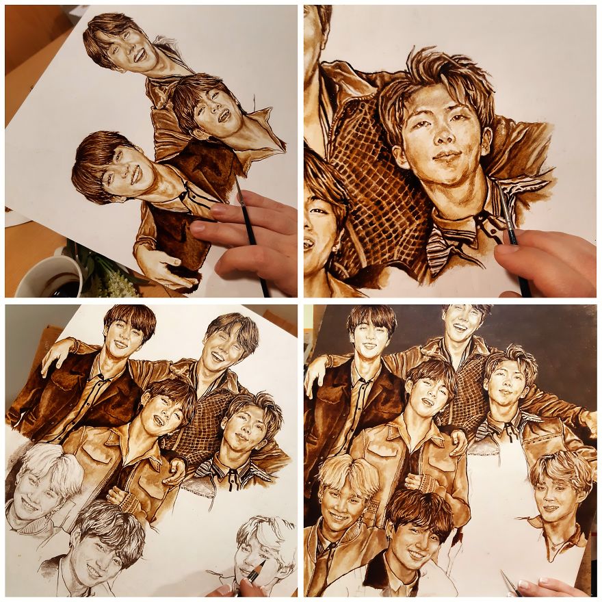Celebrating Bts' No.1 On Billboard 200 With A New Illustration Done With Coffee