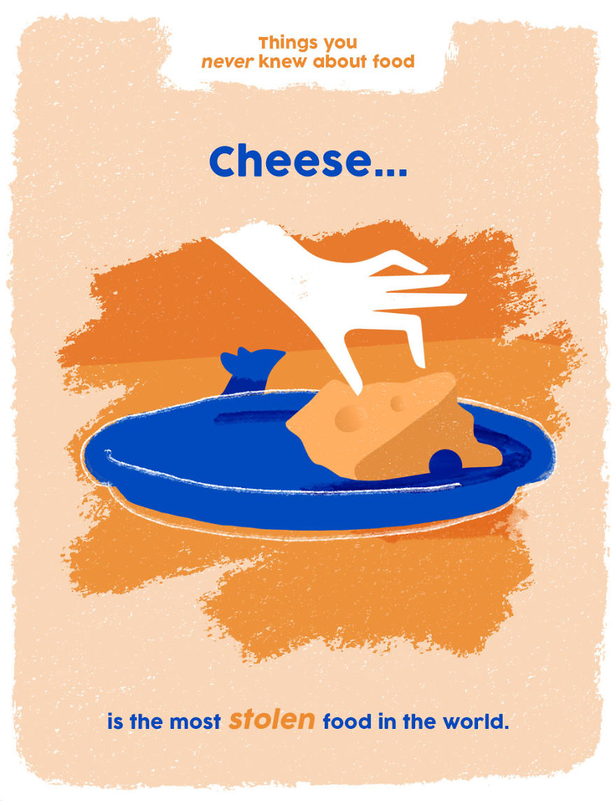 Hand reaching for a piece of cheese on a blue plate illustrating weird food facts about stolen cheese.