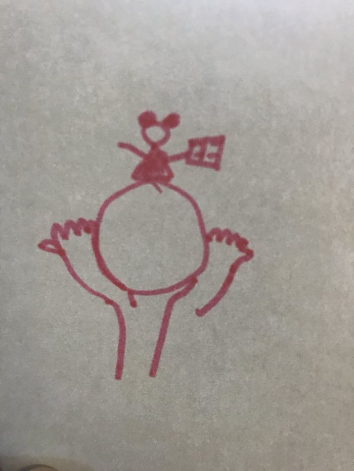 Childlike red sketch showing a simple character with outstretched arms on a textured background, illustrating a client's wish.