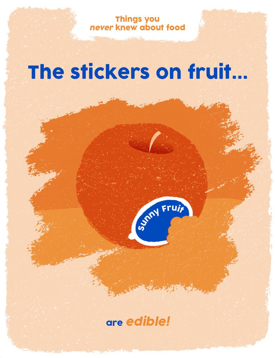 Illustration of an apple with a sticker, highlighting weird food facts about stickers on fruit being edible.