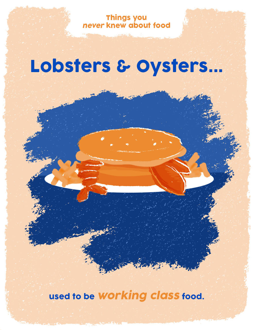 Illustration of a lobster sandwich and fries with weird food facts about lobsters and oysters as working class food.
